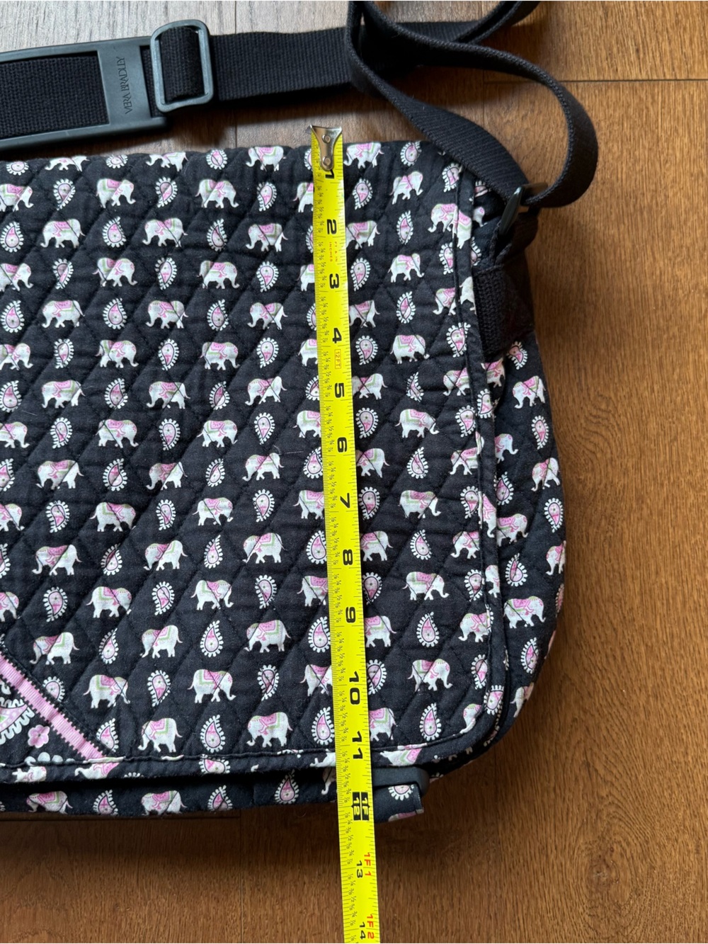 Vera Bradley Quilted Black Crossbody Laptop Bag with Pink & White Elephant Print - Picture 10 of 10